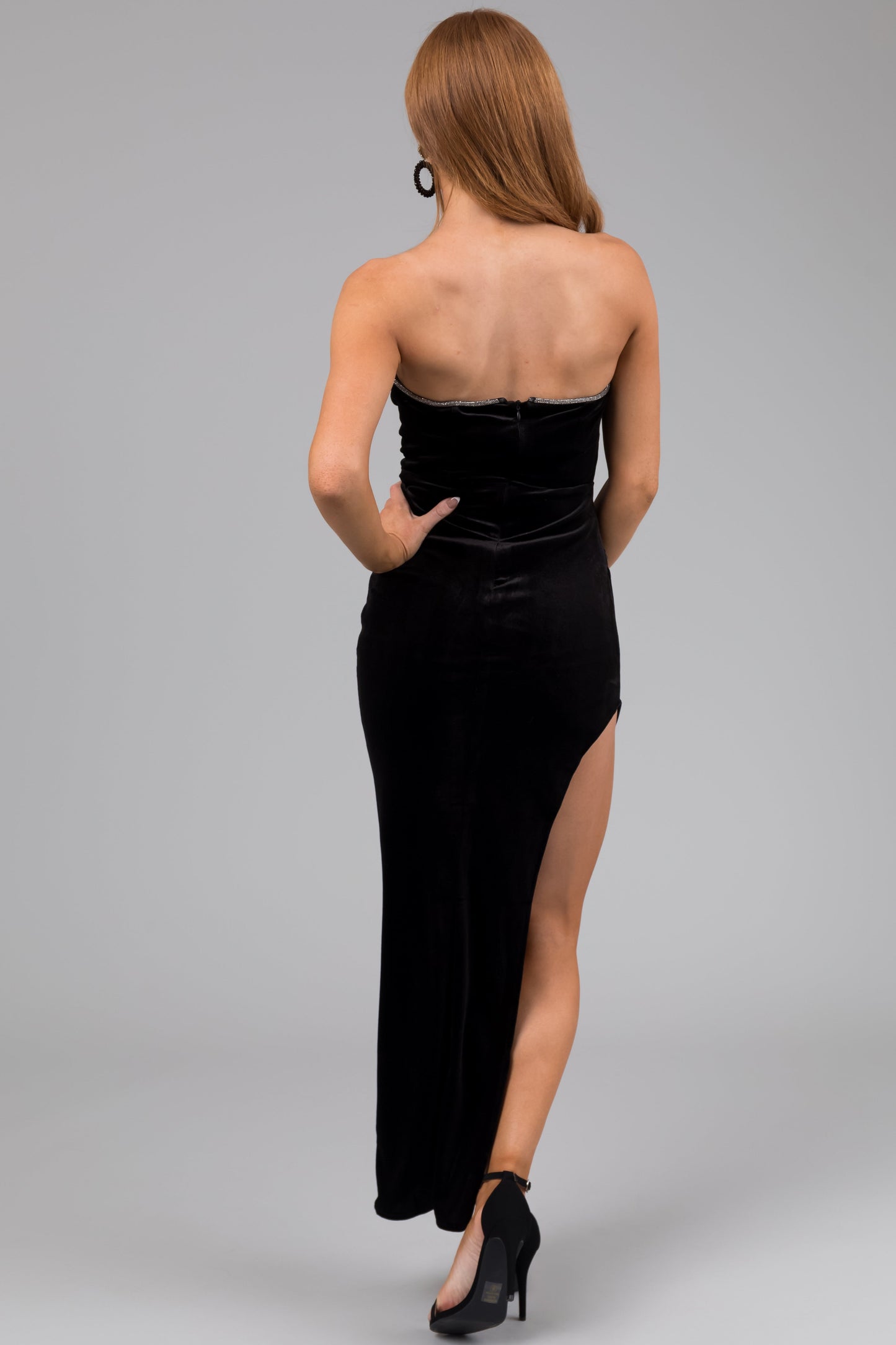 Black Strapless Rhinestone Detail Maxi Dress for Women