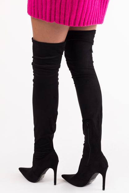 Black Suede Pointy Toe Thigh High Heel Boots for Women