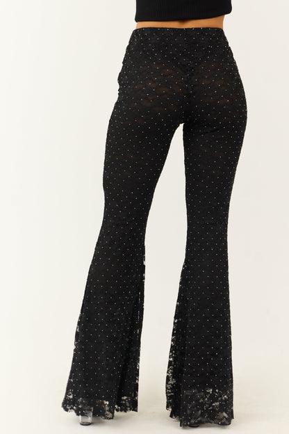 Black Studded Floral Lace High Waist Pants for Women